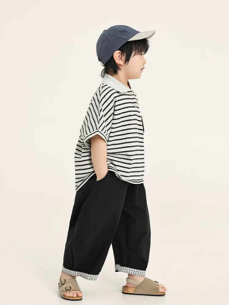 Boys Striped T-Shirt Batwing Cap Summer Wear - Image 5