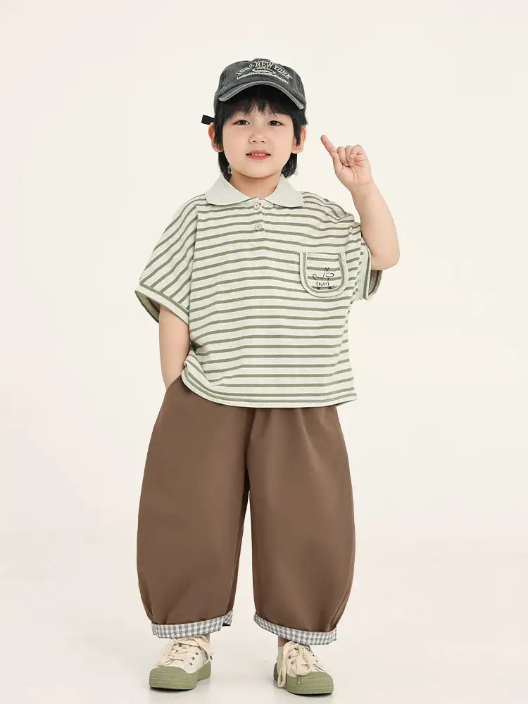 Boys Striped T-Shirt Batwing Cap Summer Wear - Image 6