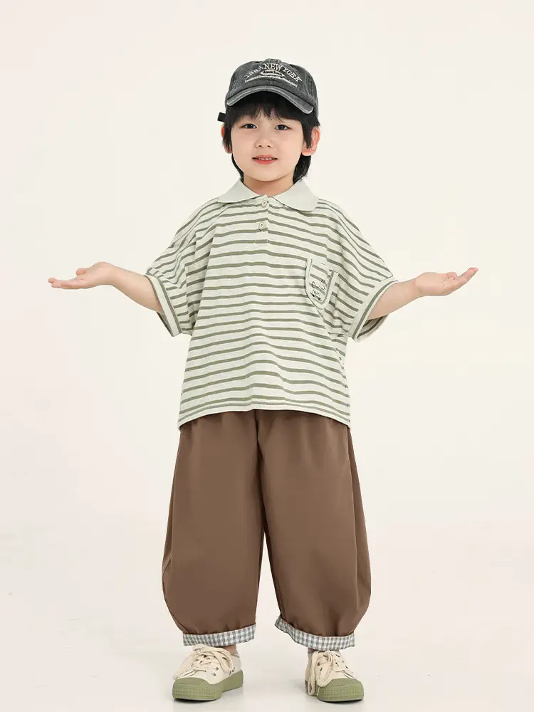 Boys Striped T-Shirt Batwing Cap Summer Wear - Image 7