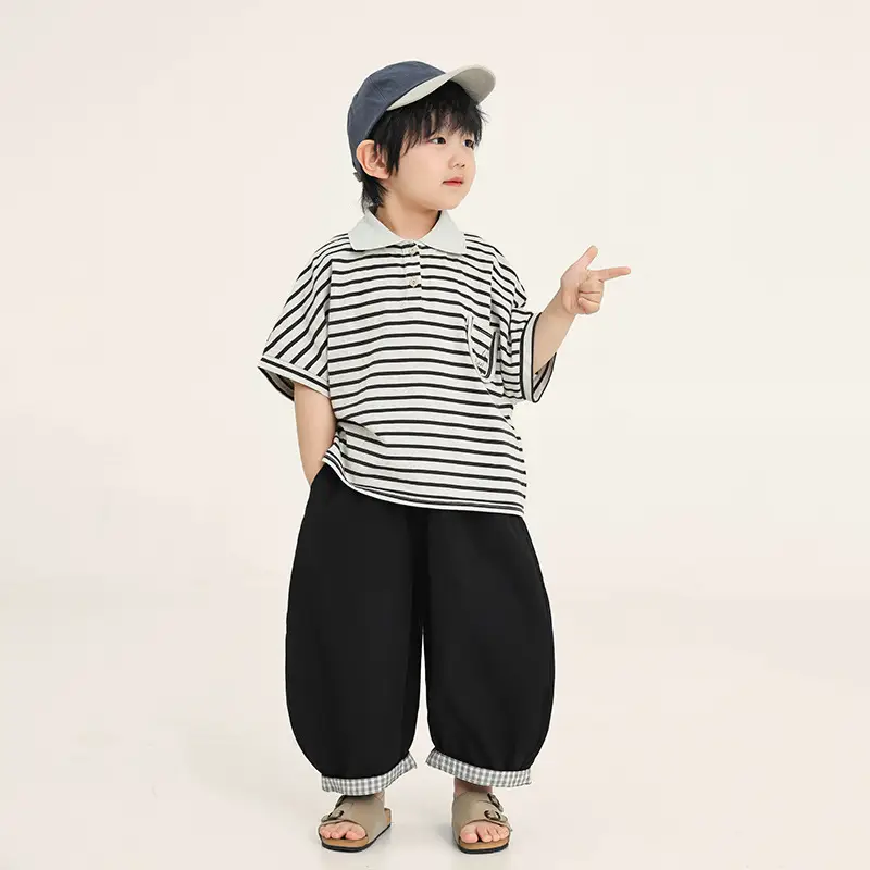 Boys Striped T-Shirt Batwing Cap Summer Wear - Image 2