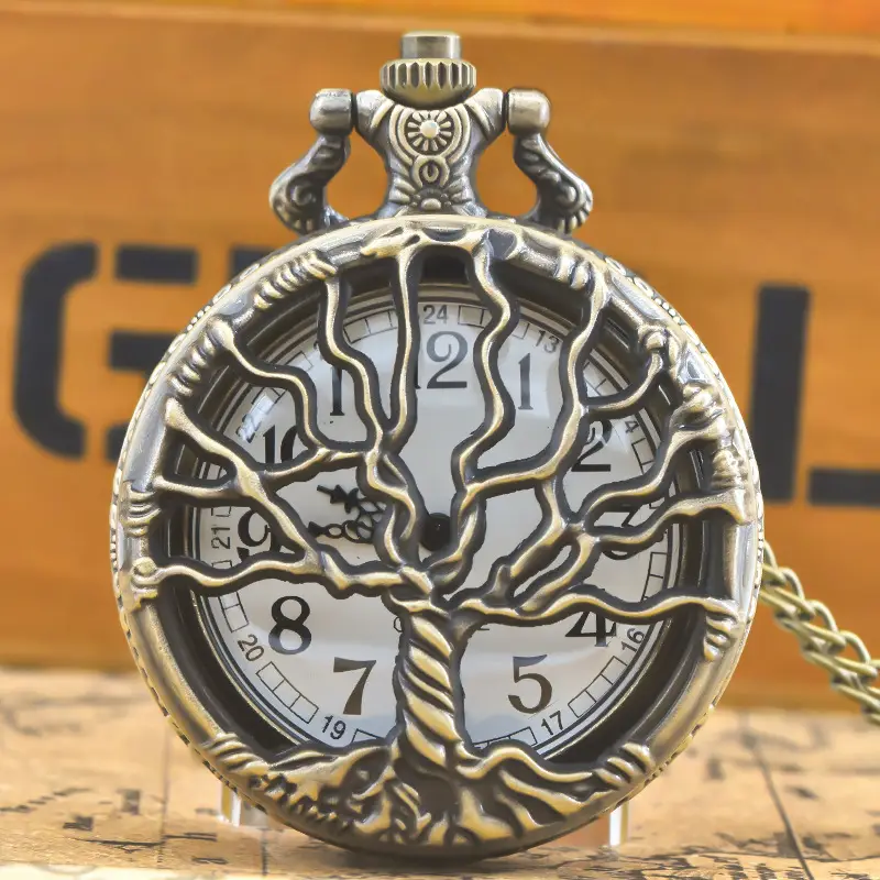 Vintage Gold Plated Pocket Watch with Tree of Life Design