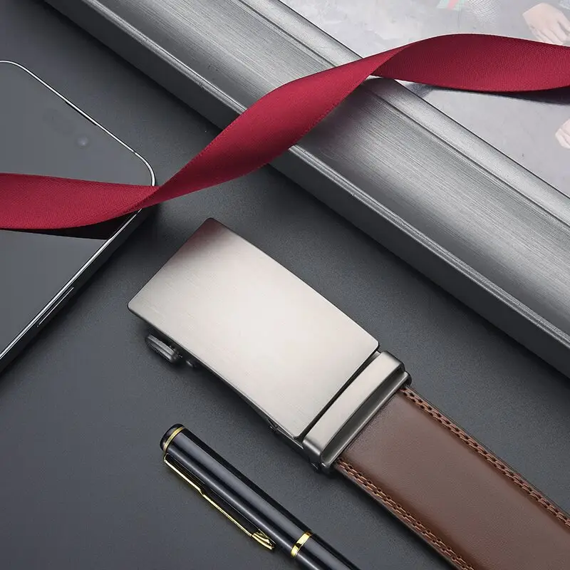 Men's Automatic Buckle Leather Belt with Red Ribbon — feature 9
