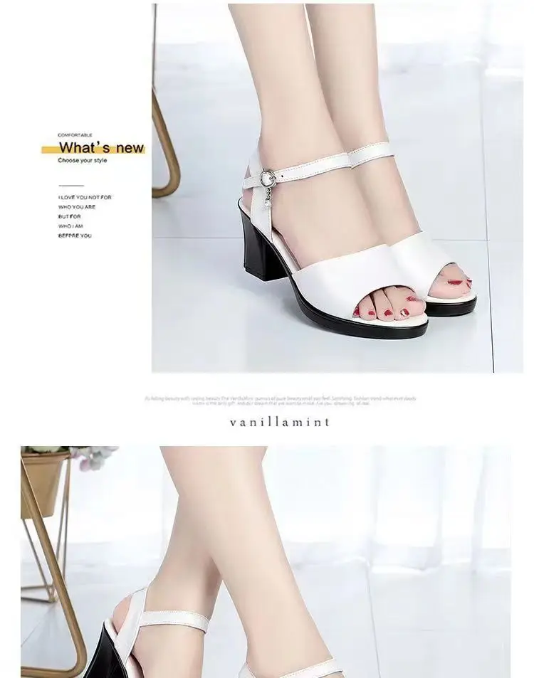 2025 Summer New Style Fish-toe Sandals Women's Thick Heel Middle-aged Women's Sandals All-match One-word Buckle Belt Mother High-heeled Shoes Women's — feature 10