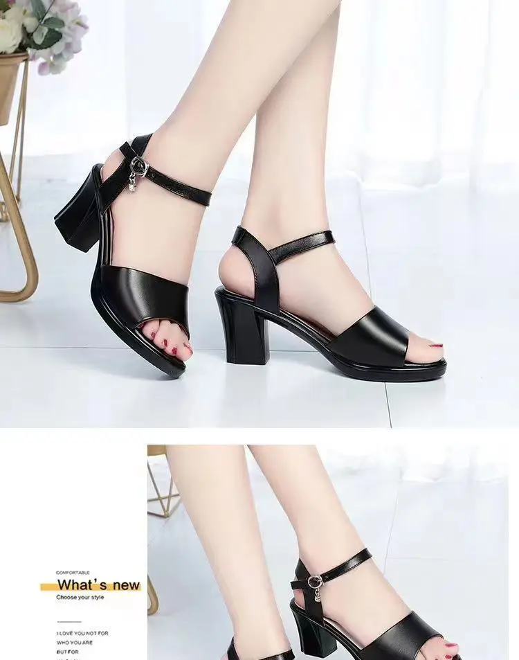 2025 Summer New Style Fish-toe Sandals Women's Thick Heel Middle-aged Women's Sandals All-match One-word Buckle Belt Mother High-heeled Shoes Women's — feature 6