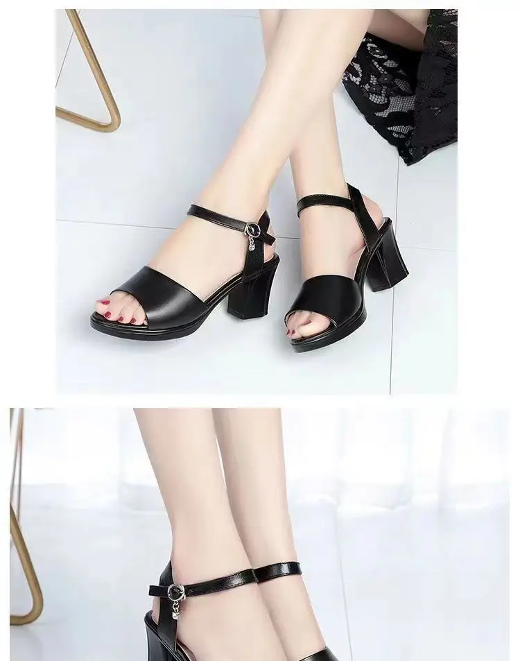 2025 Summer New Style Fish-toe Sandals Women's Thick Heel Middle-aged Women's Sandals All-match One-word Buckle Belt Mother High-heeled Shoes Women's — feature 8