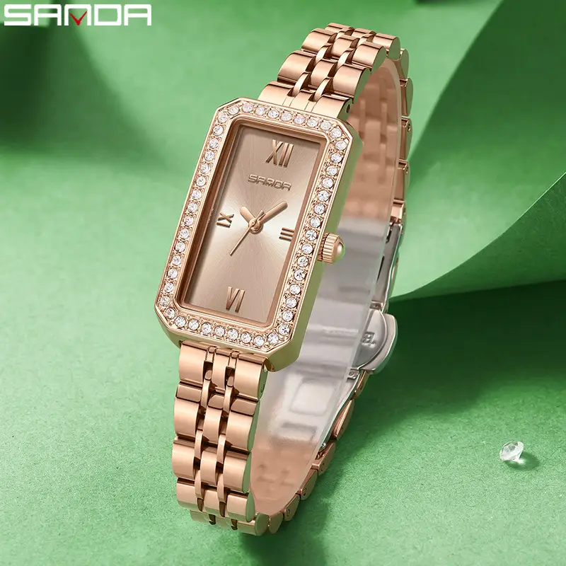 Sanda Women's Rectangular Diamond Watch Rose Gold Quartz - Image 15