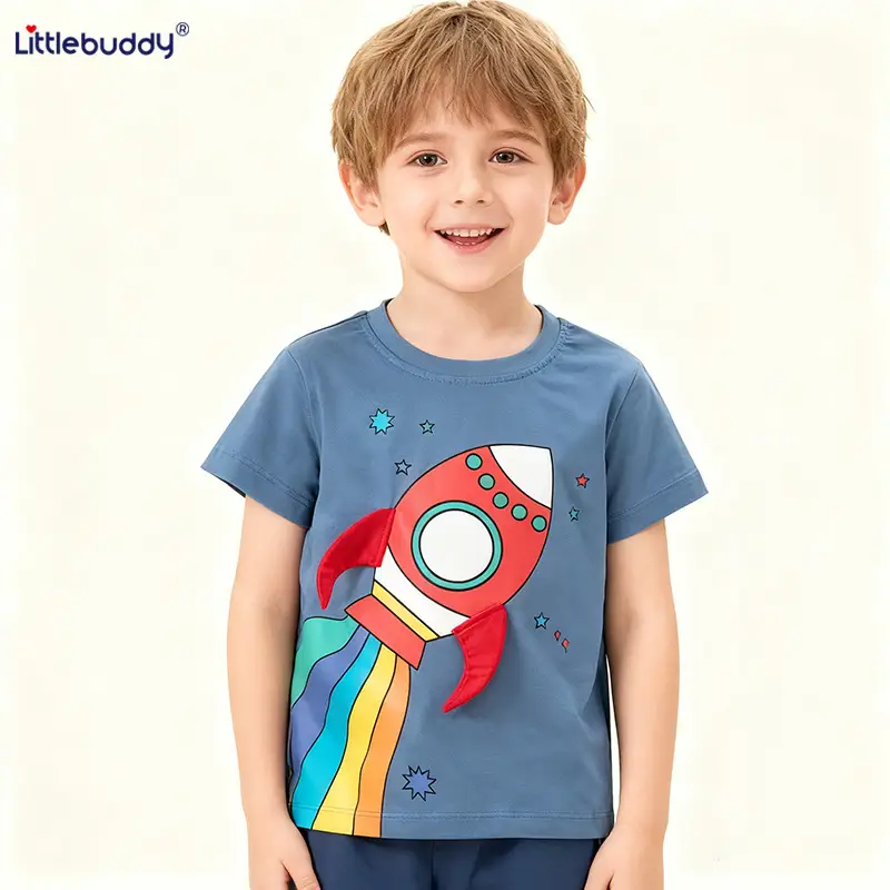 Kids Rocket Print T-Shirt Blue Cotton Short Sleeve - Image 2