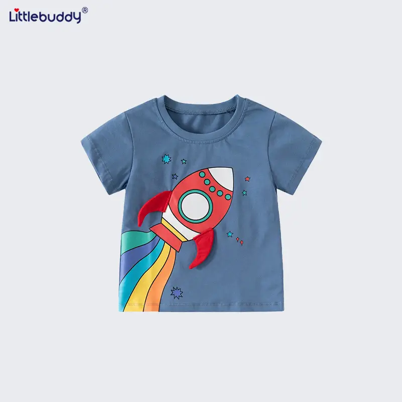 Kids Rocket Print T-Shirt Blue Cotton Short Sleeve - Image 3