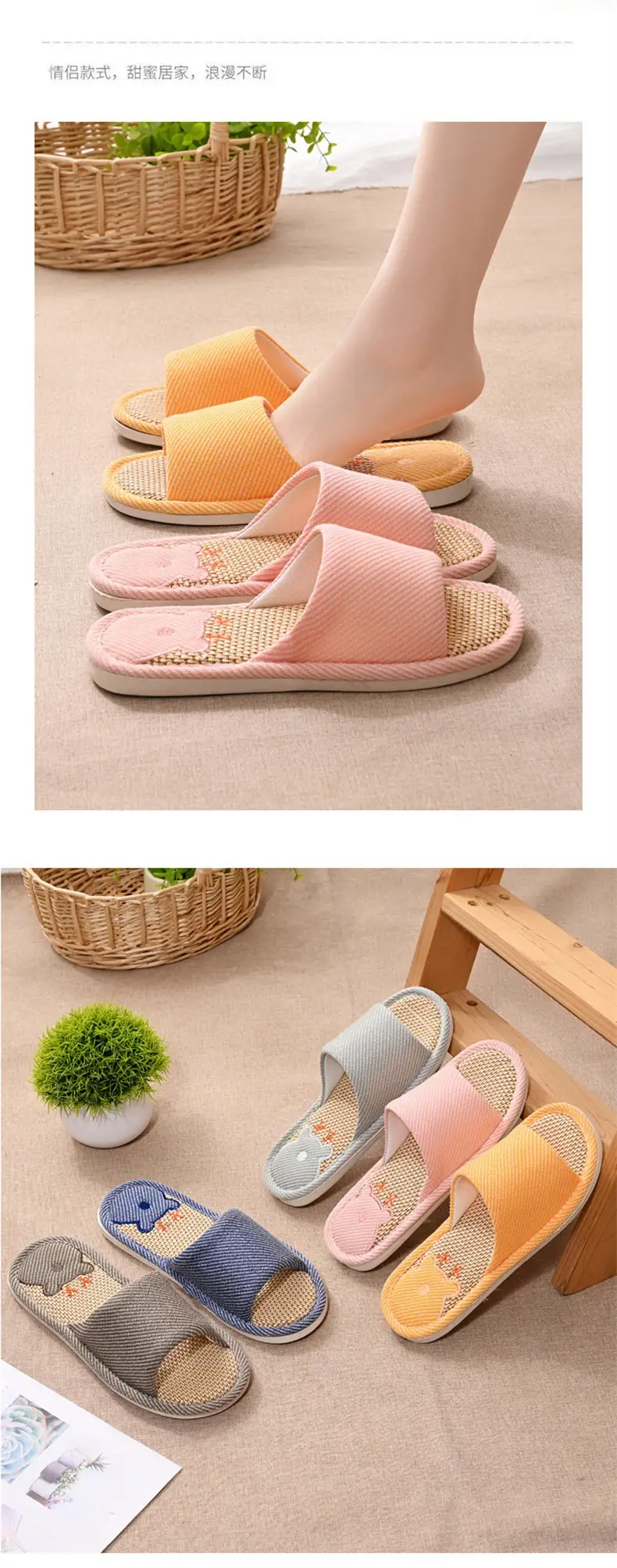 Women Linen Slippers Blue Casual Indoor Home Use — feature 12