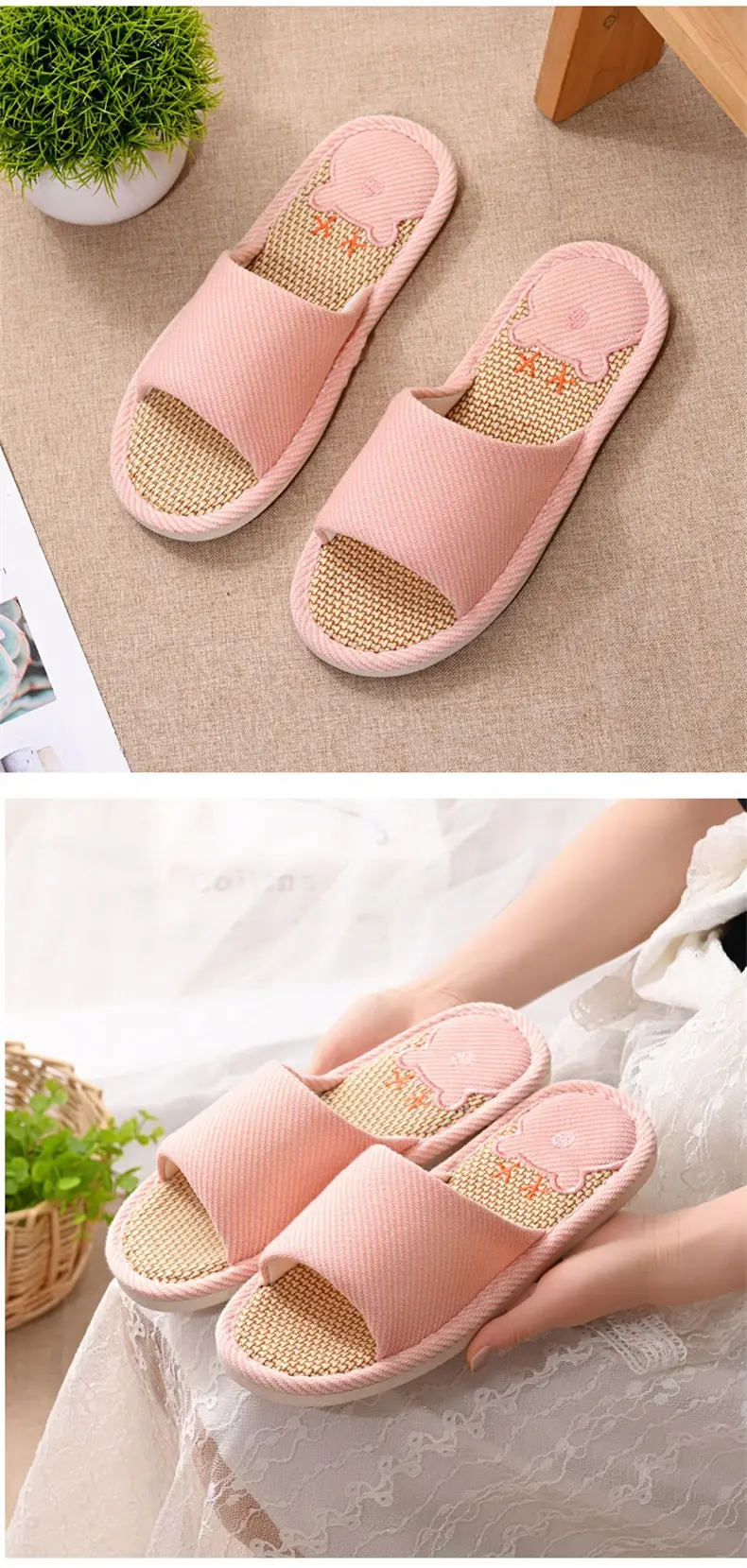 Women Linen Slippers Blue Casual Indoor Home Use — feature 16