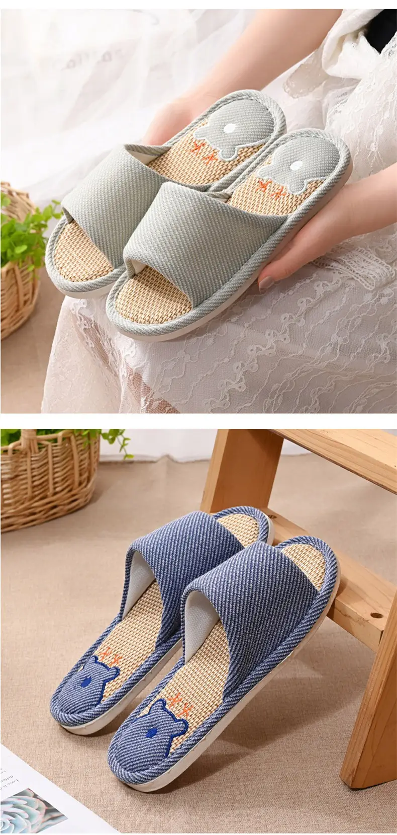 Women Linen Slippers Blue Casual Indoor Home Use — feature 18
