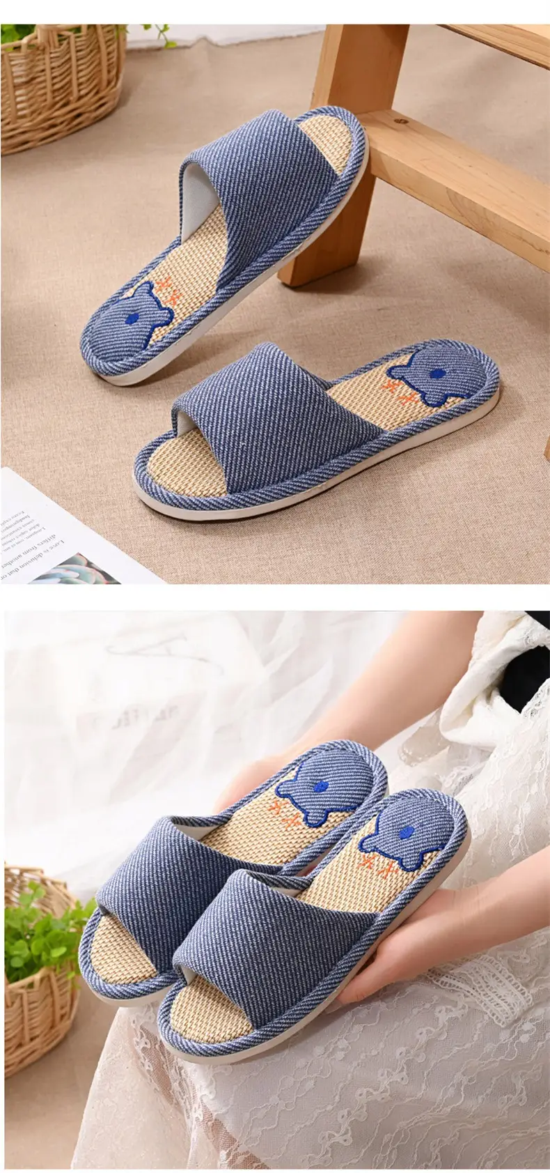 Women Linen Slippers Blue Casual Indoor Home Use — feature 19