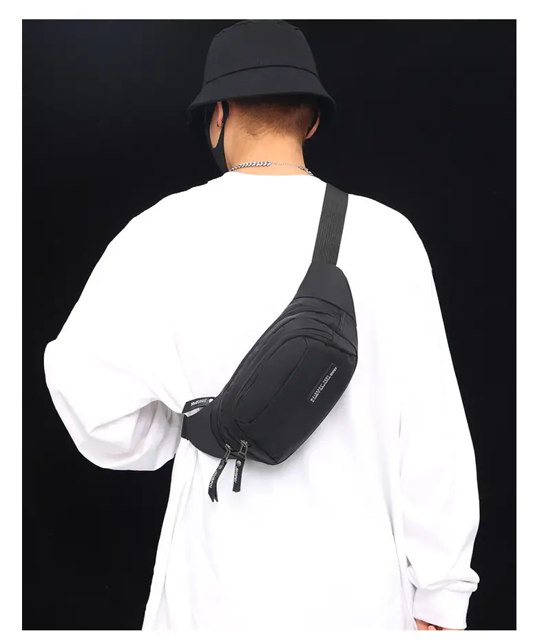 Men's Black Waist Bag Lightweight Oxford Cloth Multi-layer Sports Chest Bag — feature 28