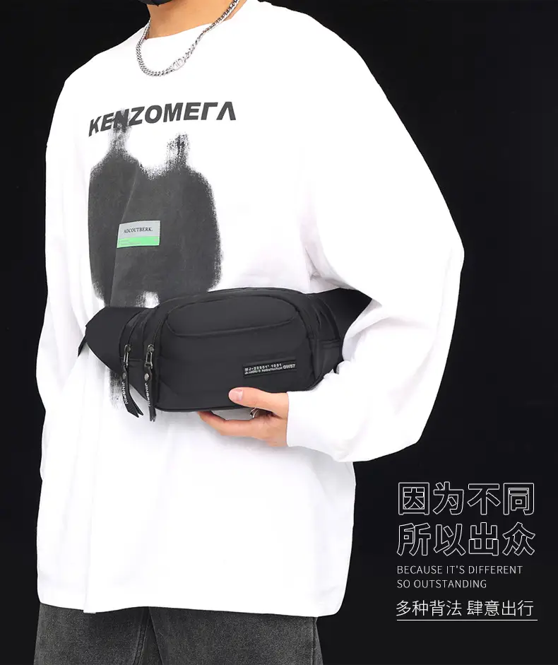 Men's Black Waist Bag Lightweight Oxford Cloth Multi-layer Sports Chest Bag — feature 5