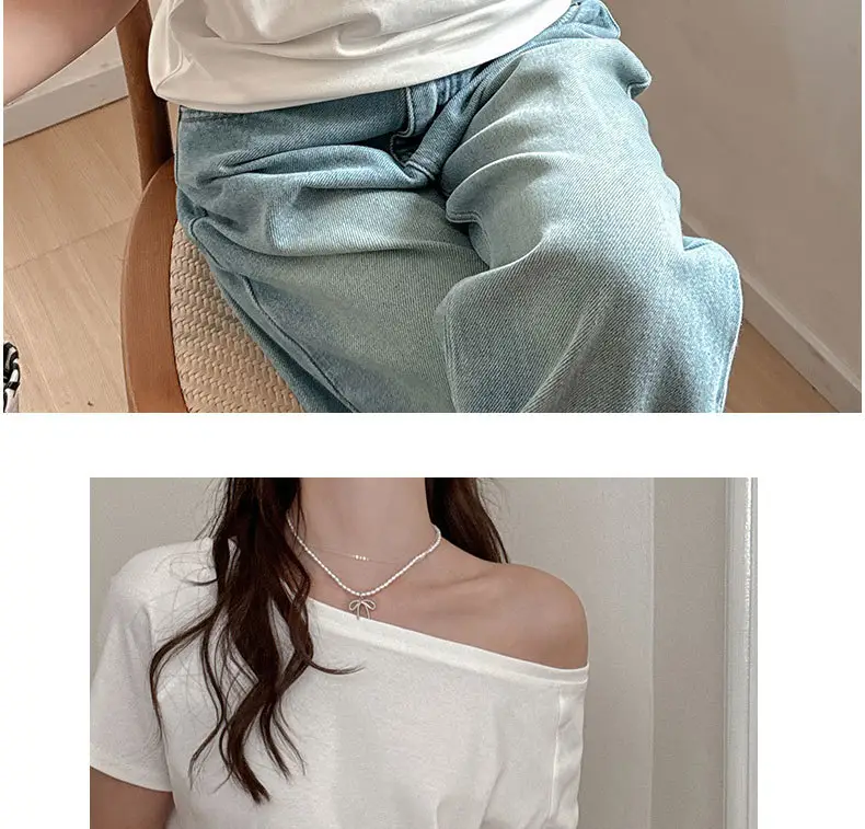 Strictly Selected White Modal Off-shoulder Short-sleeved T-shirt Women's Summer New Sweet and Hot Loose All-match Shoulder Shoulder Shirt — feature 15