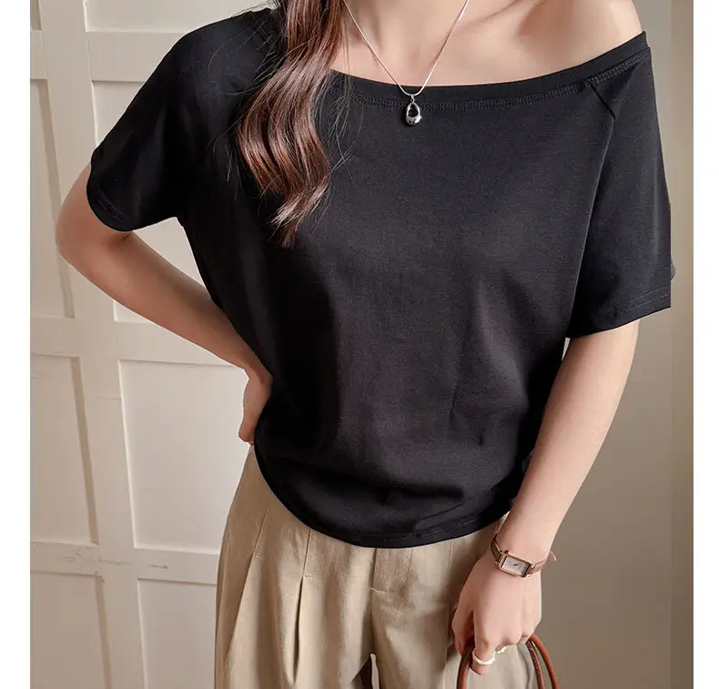 Strictly Selected White Modal Off-shoulder Short-sleeved T-shirt Women's Summer New Sweet and Hot Loose All-match Shoulder Shoulder Shirt — feature 18