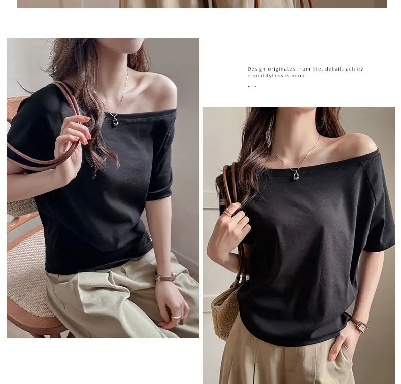 Strictly Selected White Modal Off-shoulder Short-sleeved T-shirt Women's Summer New Sweet and Hot Loose All-match Shoulder Shoulder Shirt — feature 19