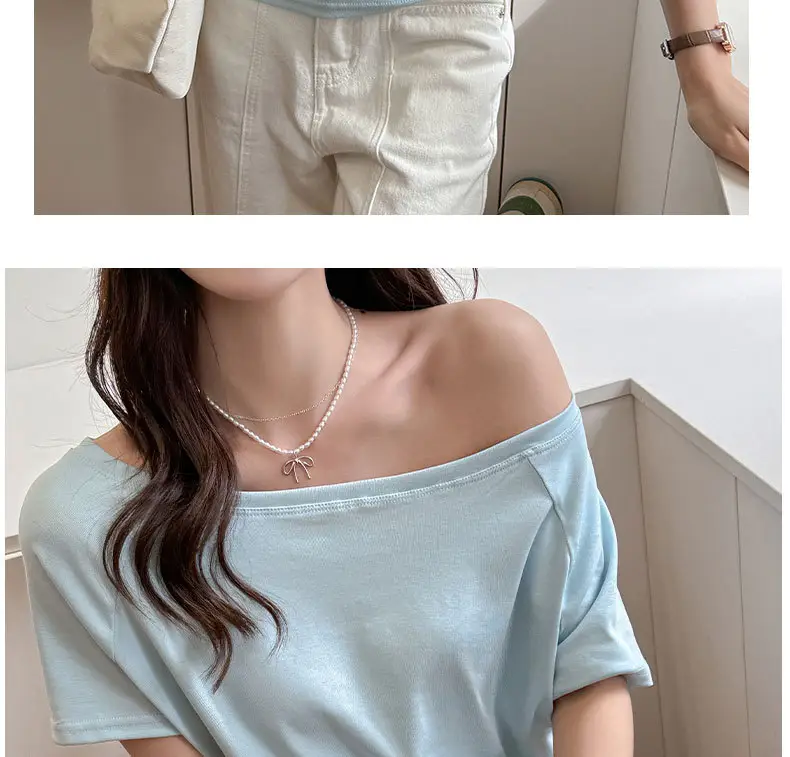 Strictly Selected White Modal Off-shoulder Short-sleeved T-shirt Women's Summer New Sweet and Hot Loose All-match Shoulder Shoulder Shirt — feature 21