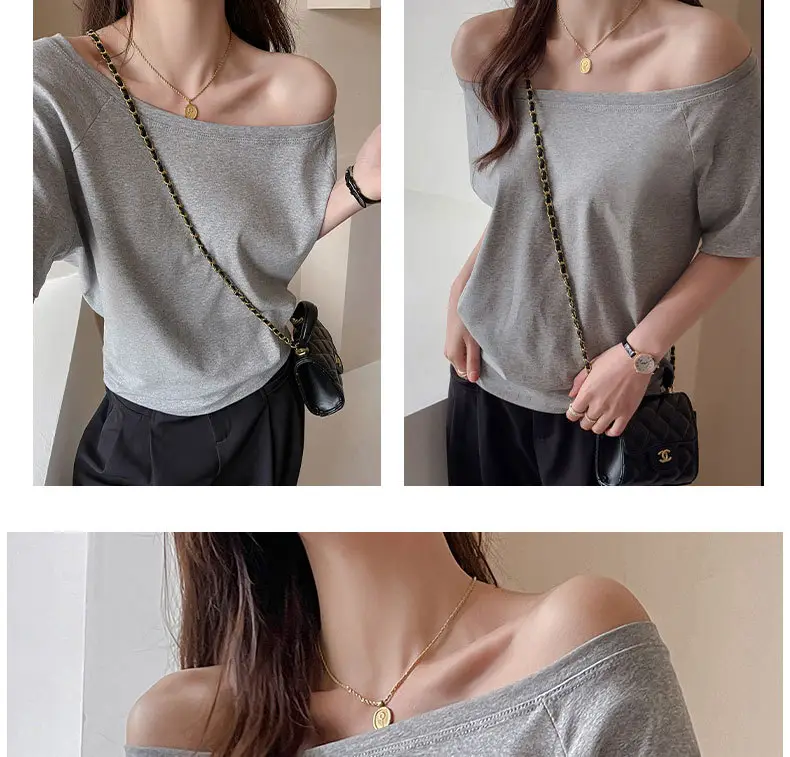 Strictly Selected White Modal Off-shoulder Short-sleeved T-shirt Women's Summer New Sweet and Hot Loose All-match Shoulder Shoulder Shirt — feature 24