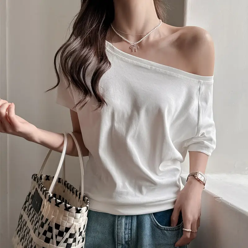 Strictly Selected White Modal Off-shoulder Short-sleeved T-shirt Women's Summer New Sweet and Hot Loose All-match Shoulder Shoulder Shirt
