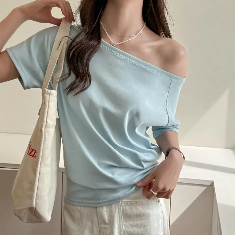 Strictly Selected White Modal Off-shoulder Short-sleeved T-shirt Women's Summer New Sweet and Hot Loose All-match Shoulder Shoulder Shirt