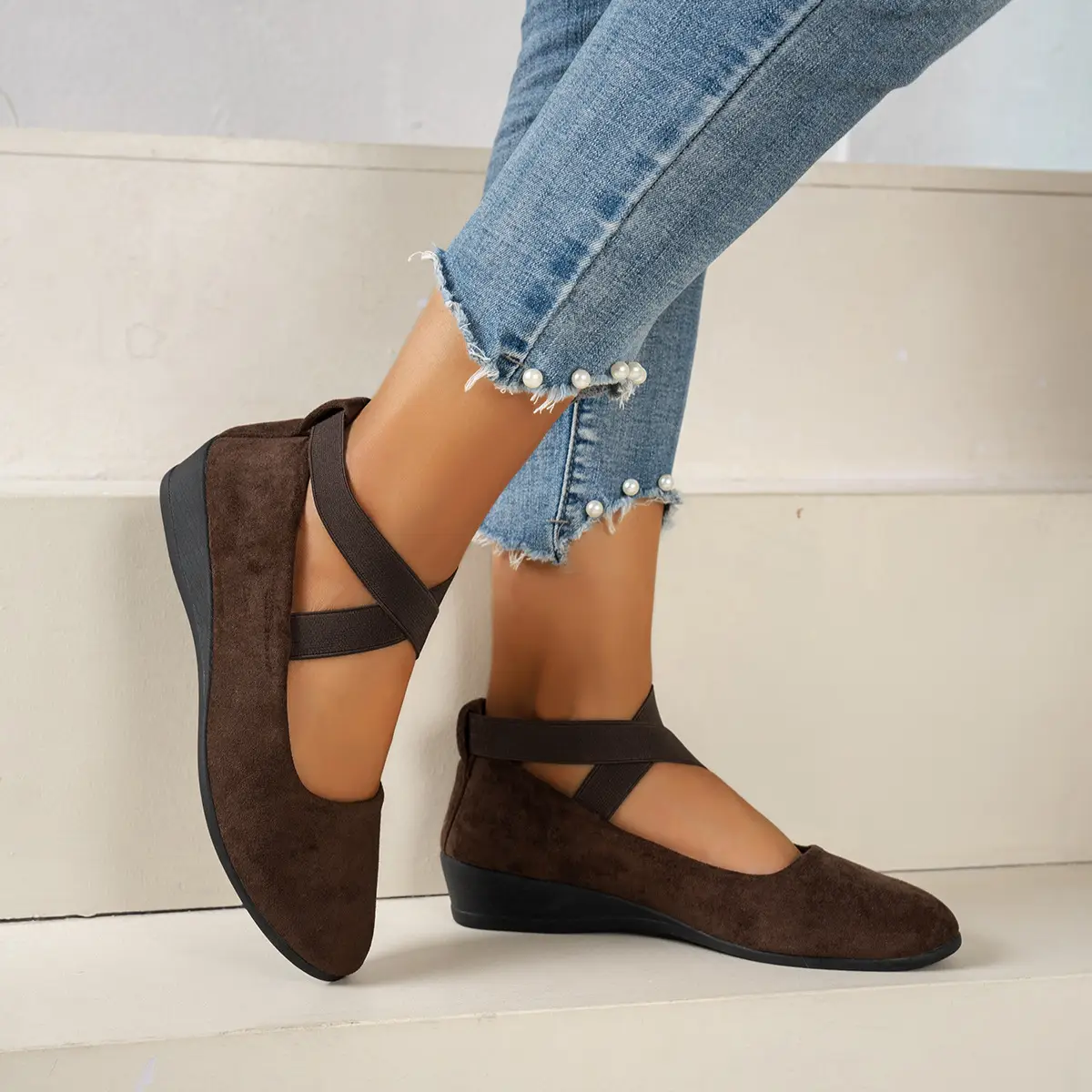 Women Brown Suede Cross Strap Flats Large