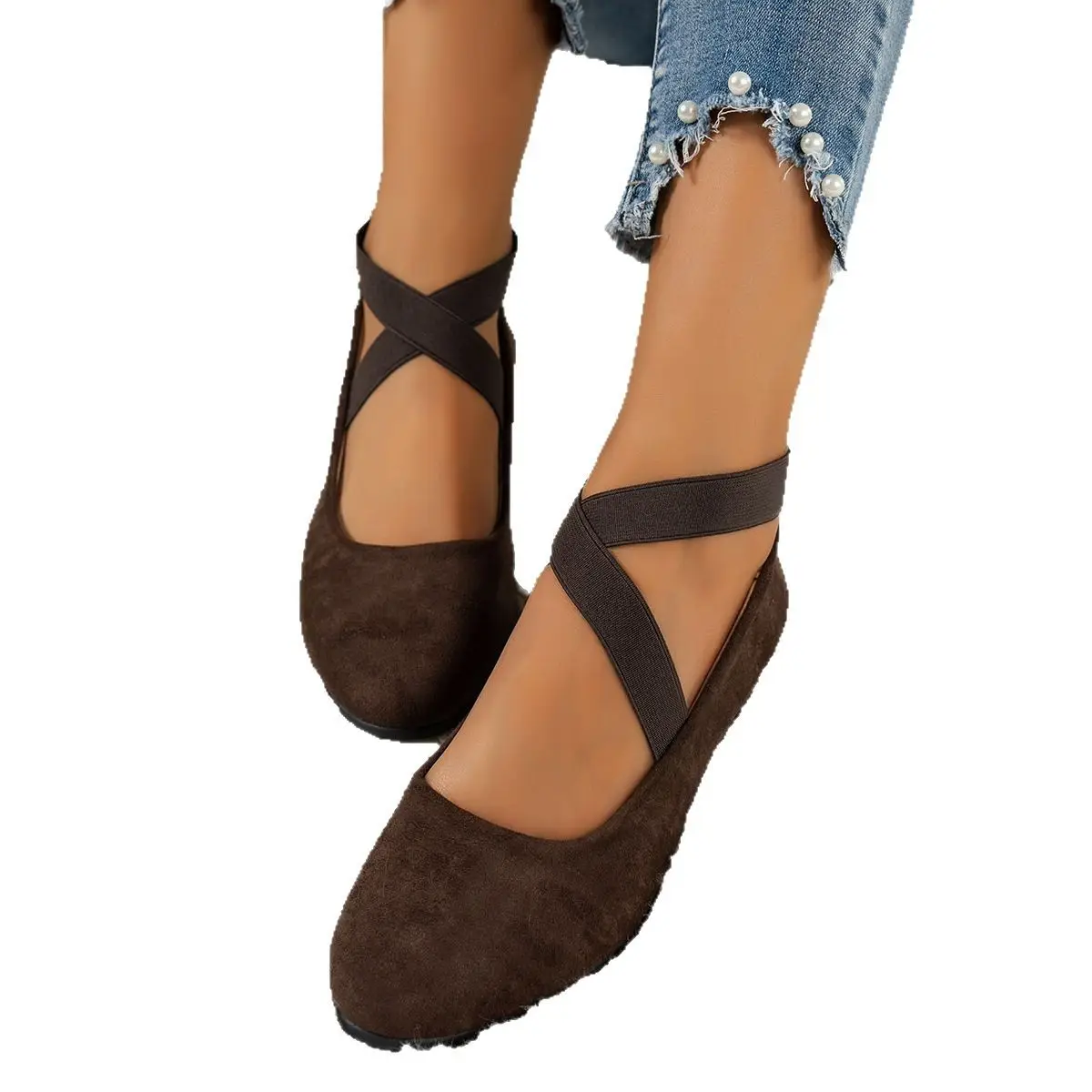 Women Brown Suede Cross Strap Flats Large