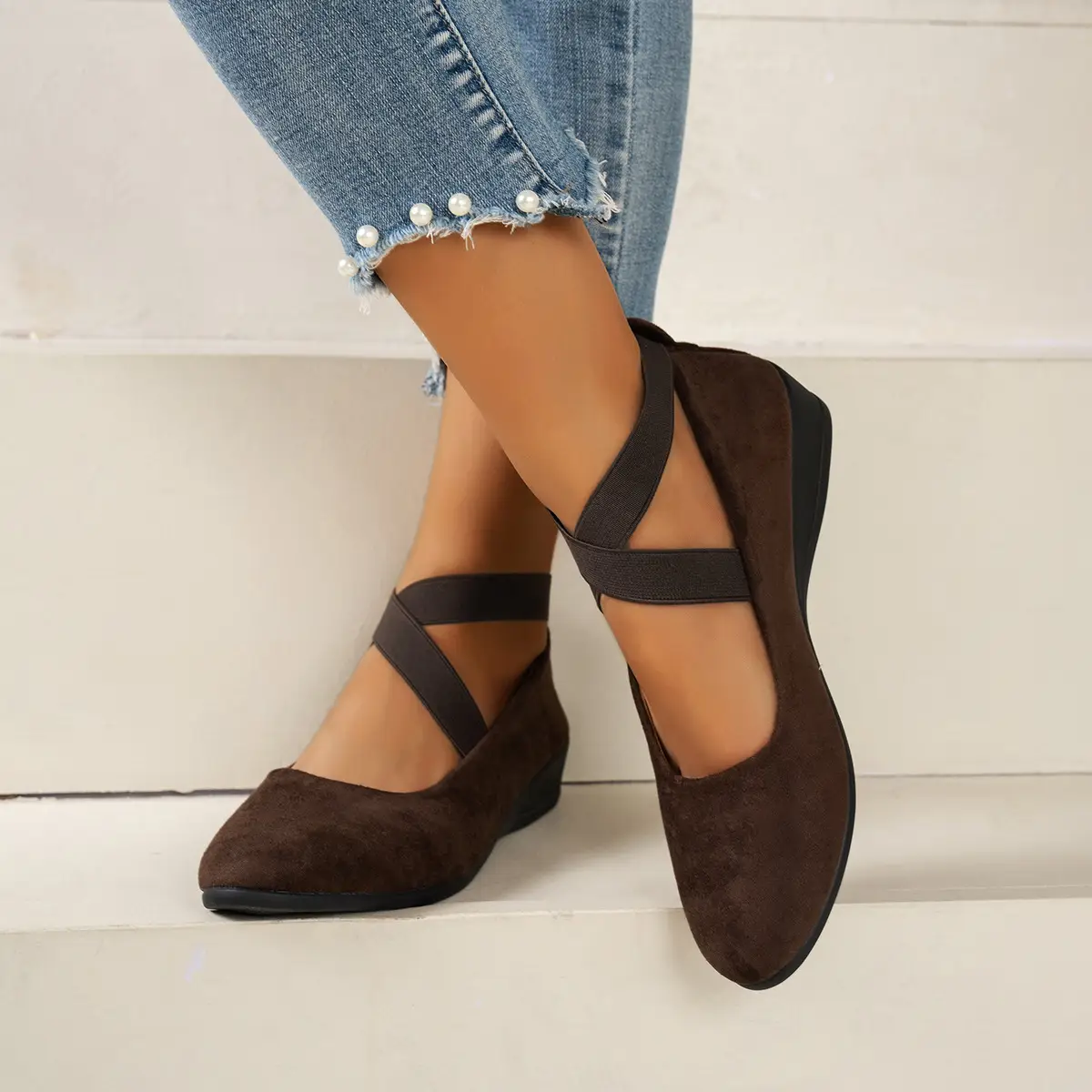 Women Brown Suede Cross Strap Flats Large — feature 2
