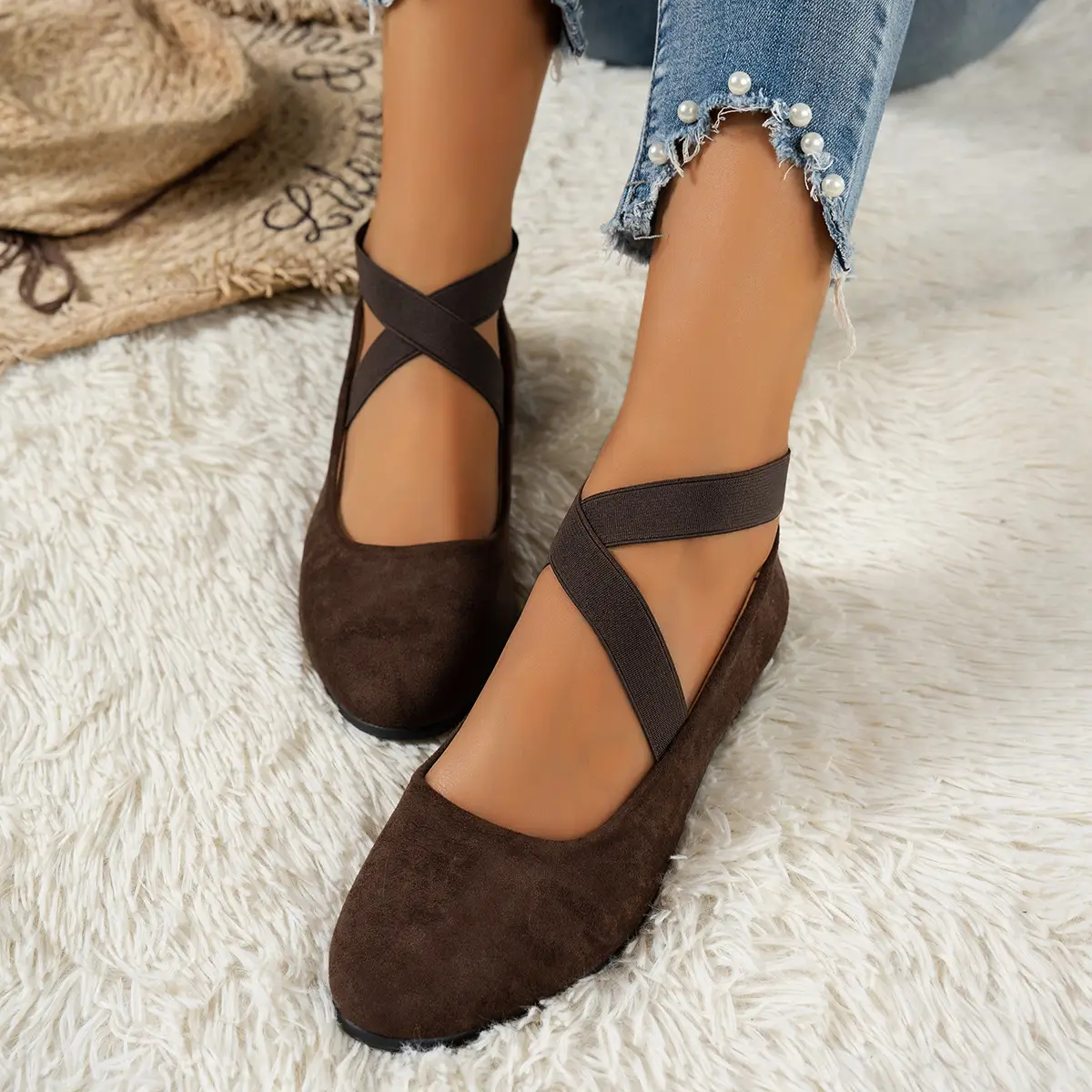 Women Brown Suede Cross Strap Flats Large — feature 5