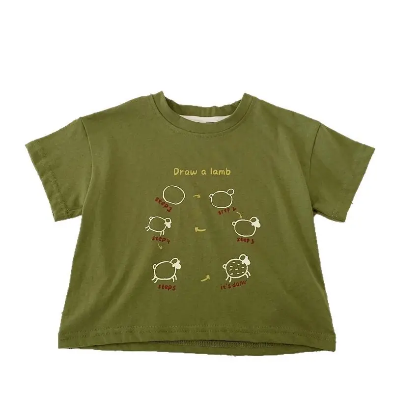 Cartoon Print Boys T-Shirt 2025 Summer Beige Green