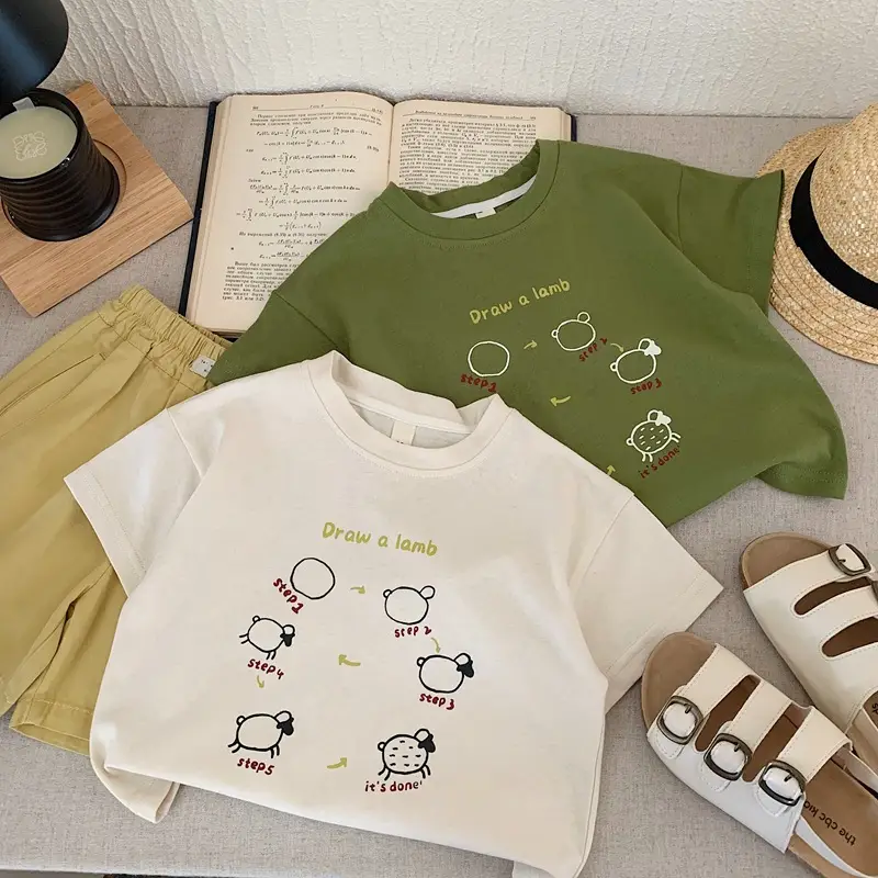 Cartoon Print Boys T-Shirt 2025 Summer Beige Green — feature 1