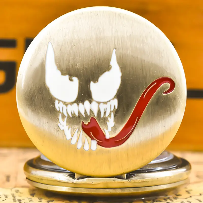 Retro Skull Pocket Watch Necklace with Red Slew Design