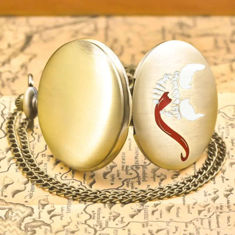 Retro Skull Pocket Watch Necklace with Red Slew Design