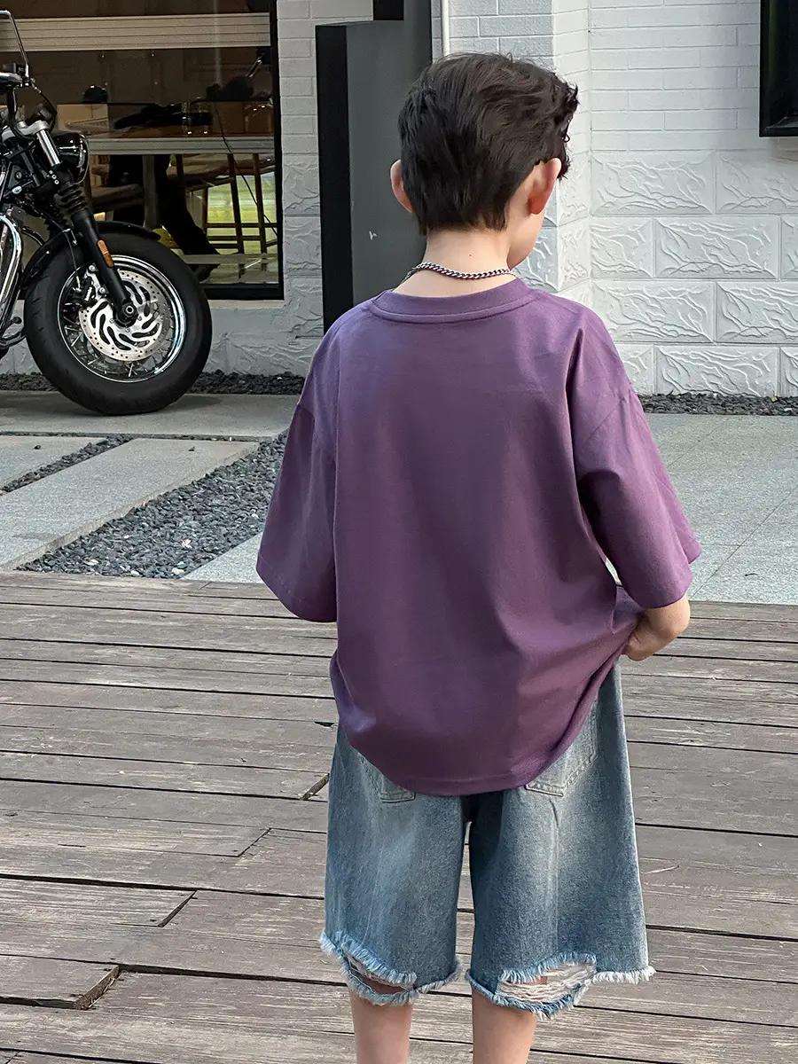 Boys Purple Graphic T-Shirt & Denim Shorts Set - Image 4