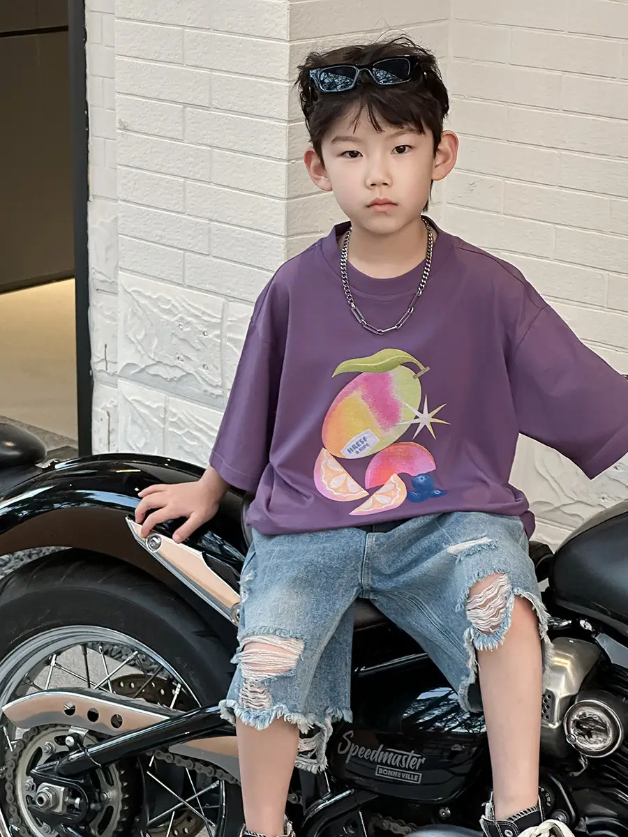 Boys Purple Graphic T-Shirt & Denim Shorts Set — feature 15