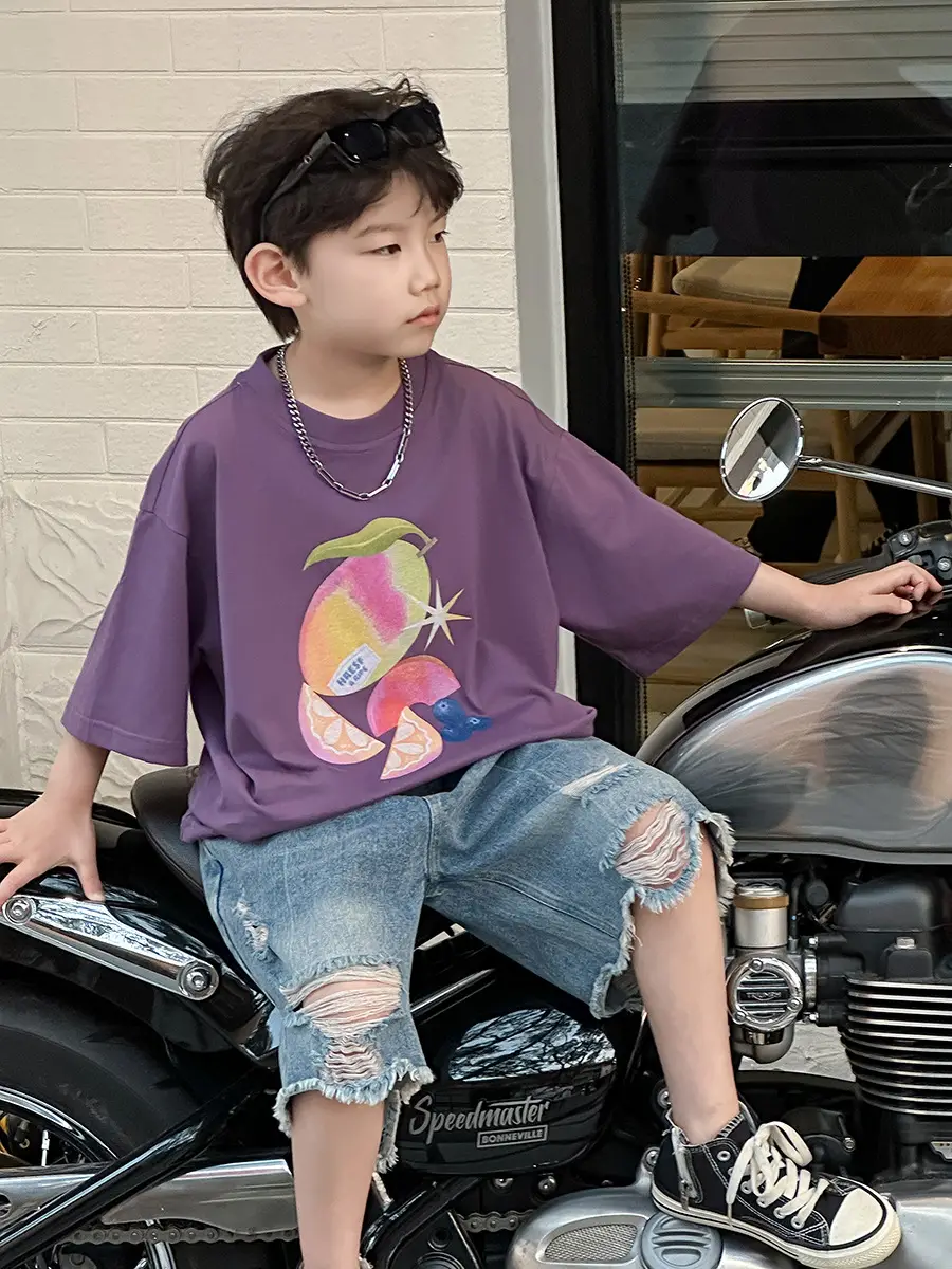 Boys Purple Graphic T-Shirt & Denim Shorts Set — feature 16