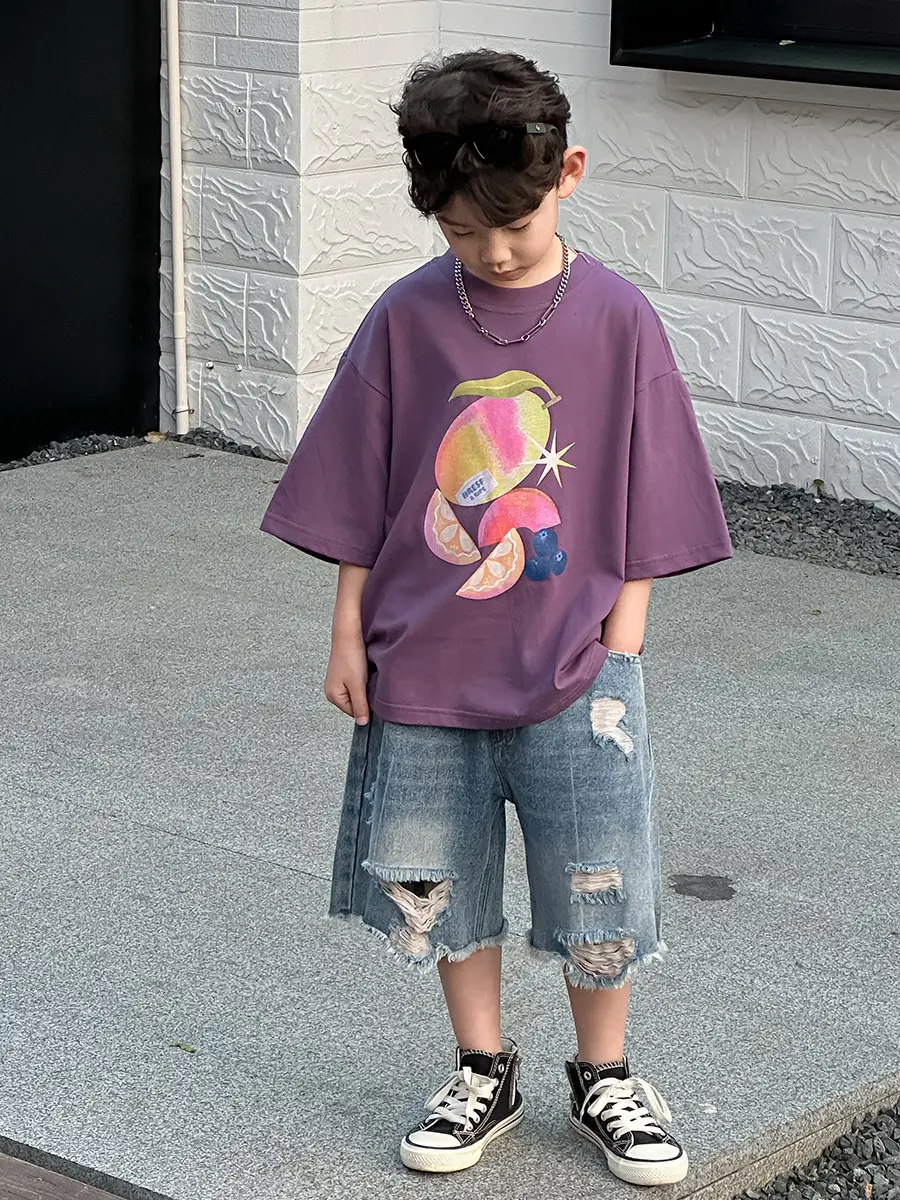 Boys Purple Graphic T-Shirt & Denim Shorts Set — feature 17