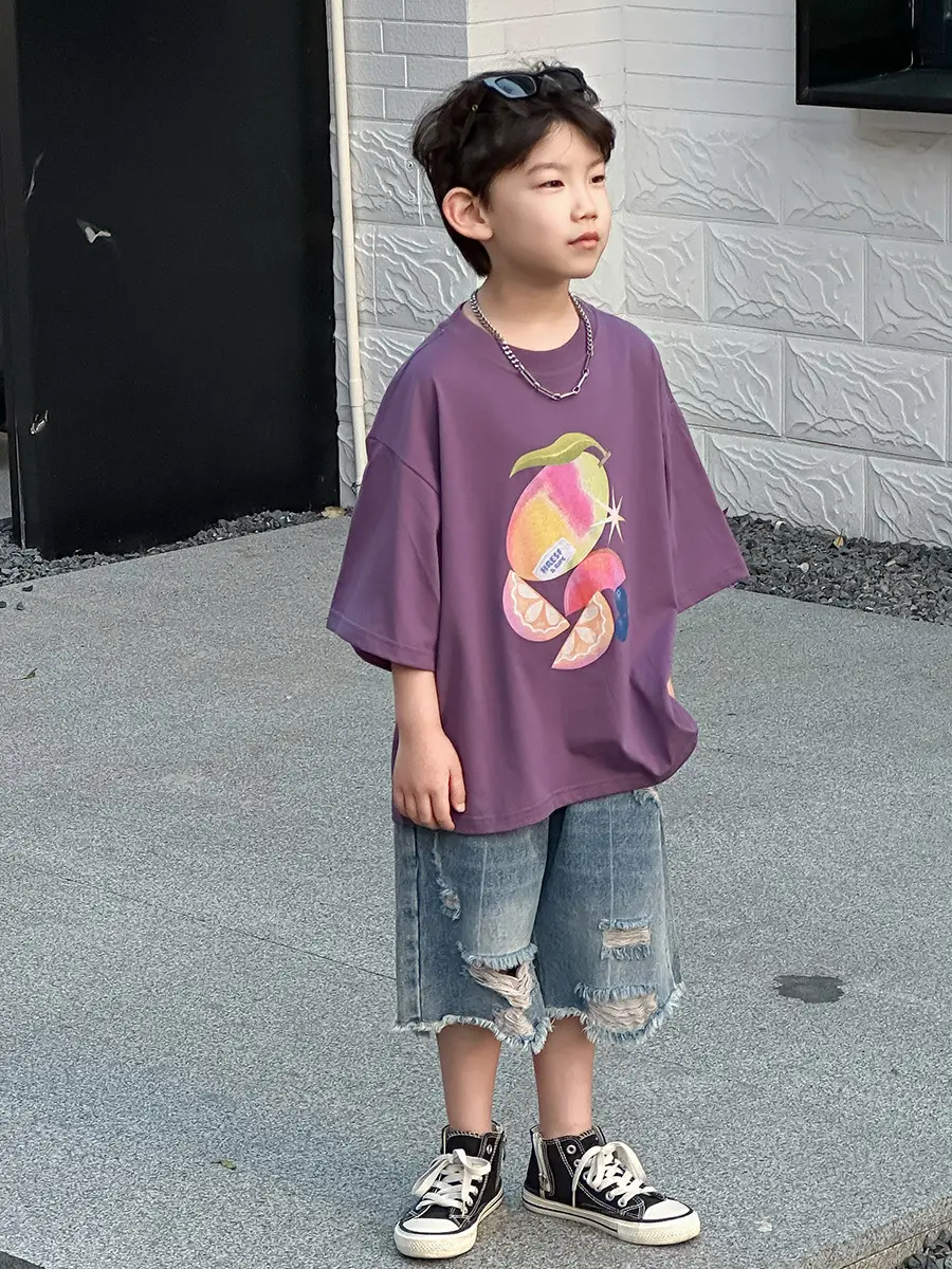 Boys Purple Graphic T-Shirt & Denim Shorts Set — feature 18