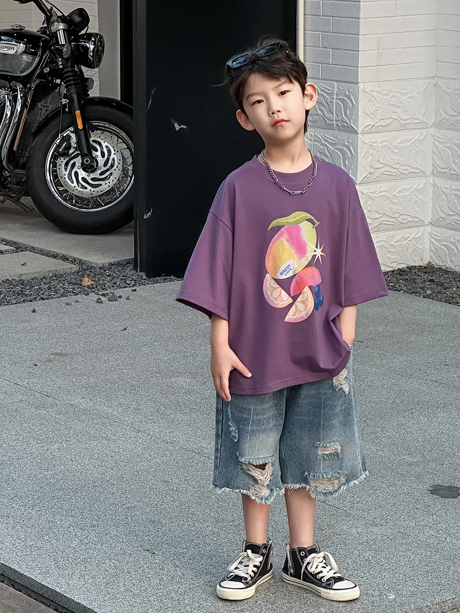 Boys Purple Graphic T-Shirt & Denim Shorts Set — feature 19