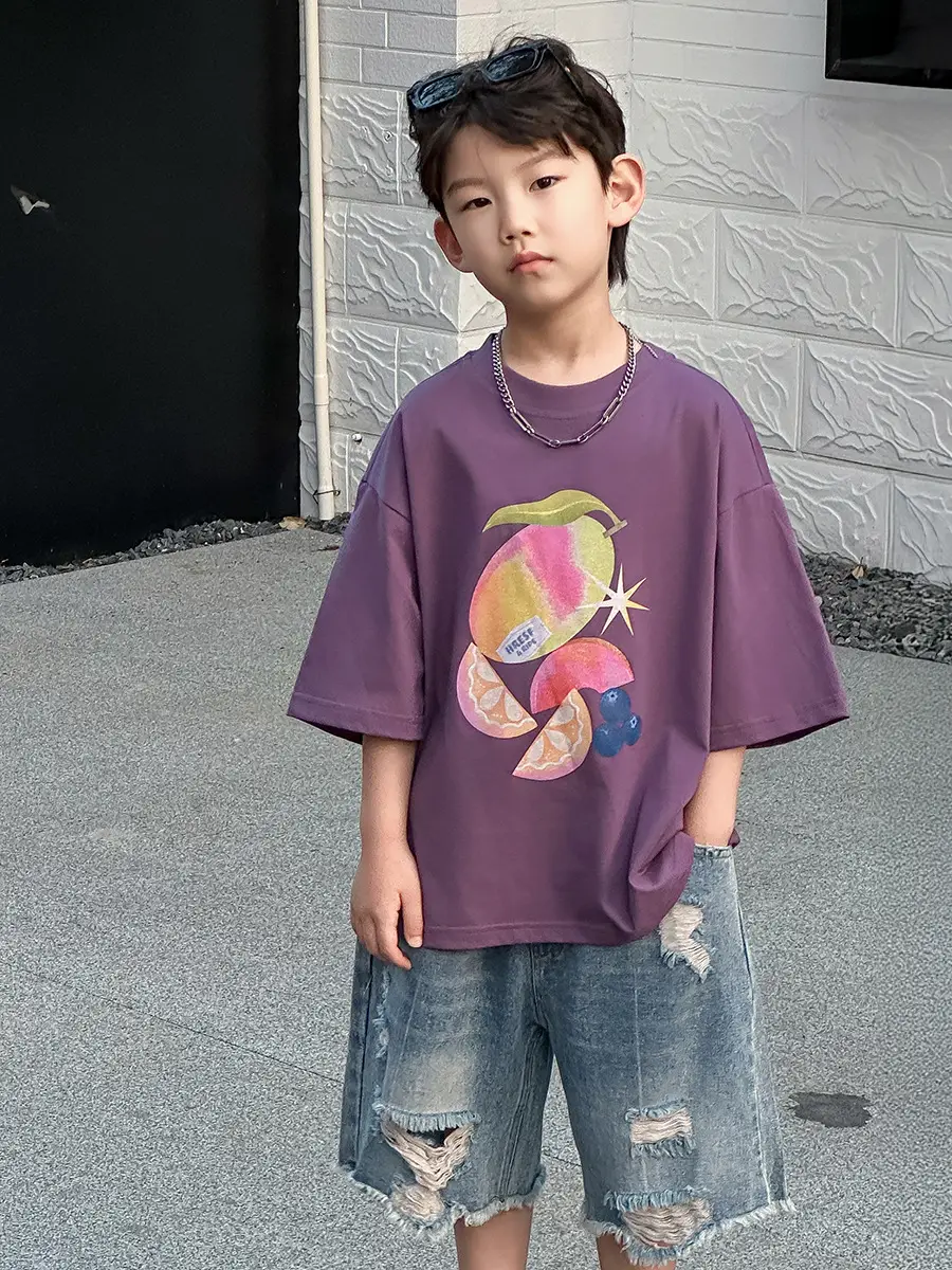 Boys Purple Graphic T-Shirt & Denim Shorts Set — feature 20