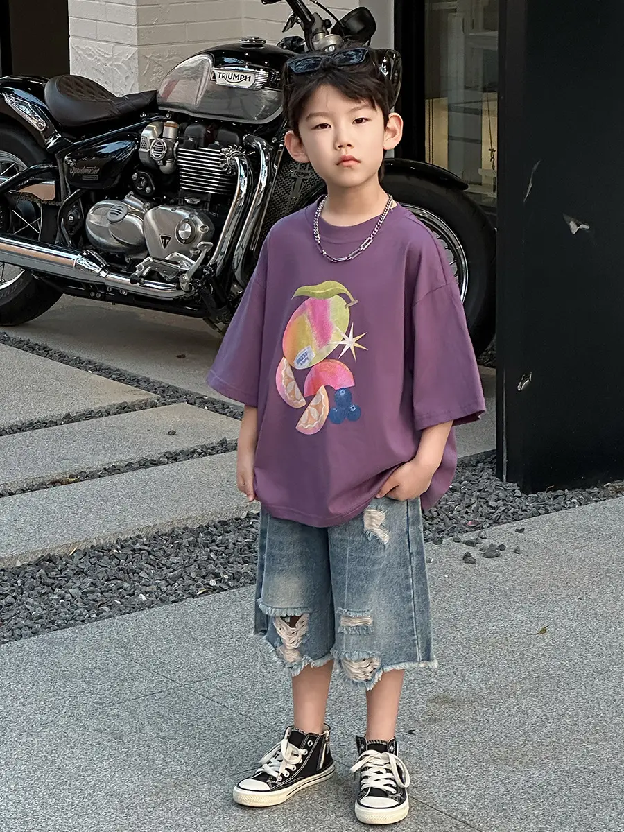Boys Purple Graphic T-Shirt & Denim Shorts Set — feature 21
