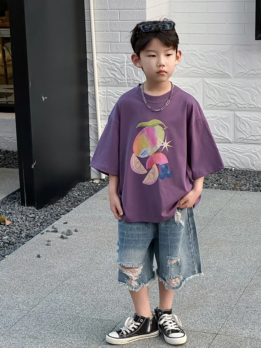 Boys Purple Graphic T-Shirt & Denim Shorts Set — feature 22