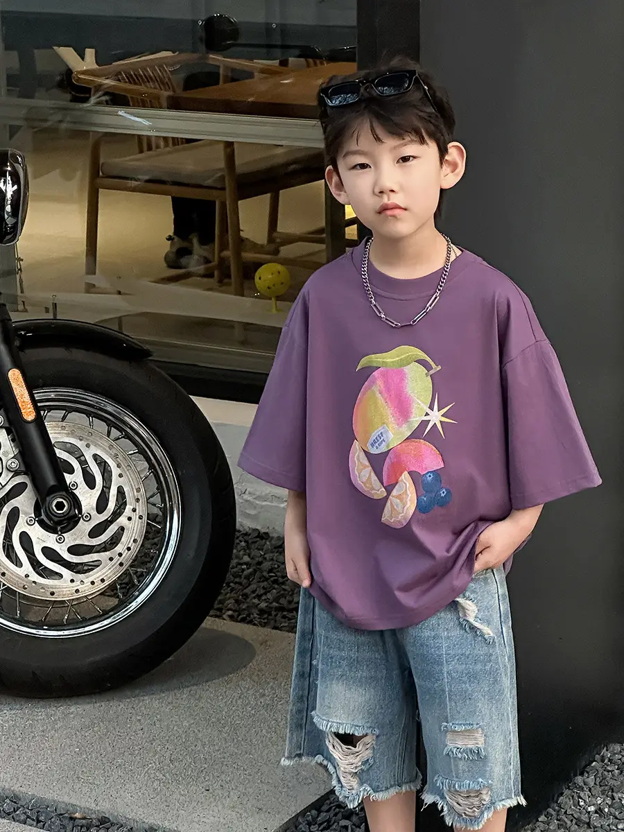 Boys Purple Graphic T-Shirt & Denim Shorts Set — feature 23
