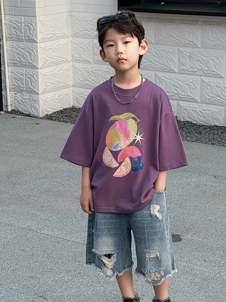 Boys Purple Graphic T-Shirt & Denim Shorts Set — feature 4