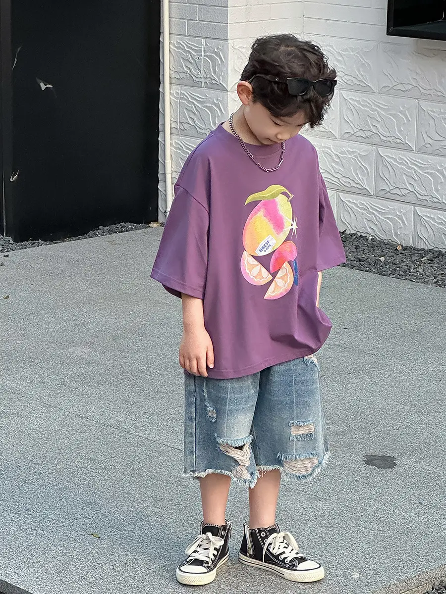 Boys Purple Graphic T-Shirt & Denim Shorts Set — feature 6