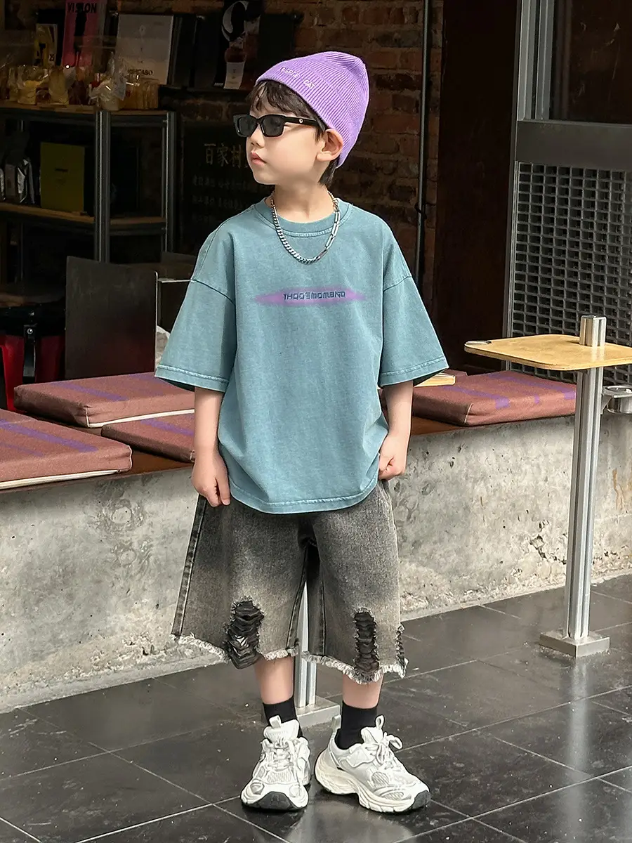 Boys Denim Capri Shorts Set with White Sneakers - Image 4