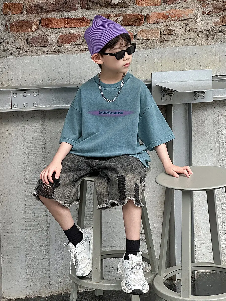 Boys Denim Capri Shorts Set with White Sneakers - Image 7