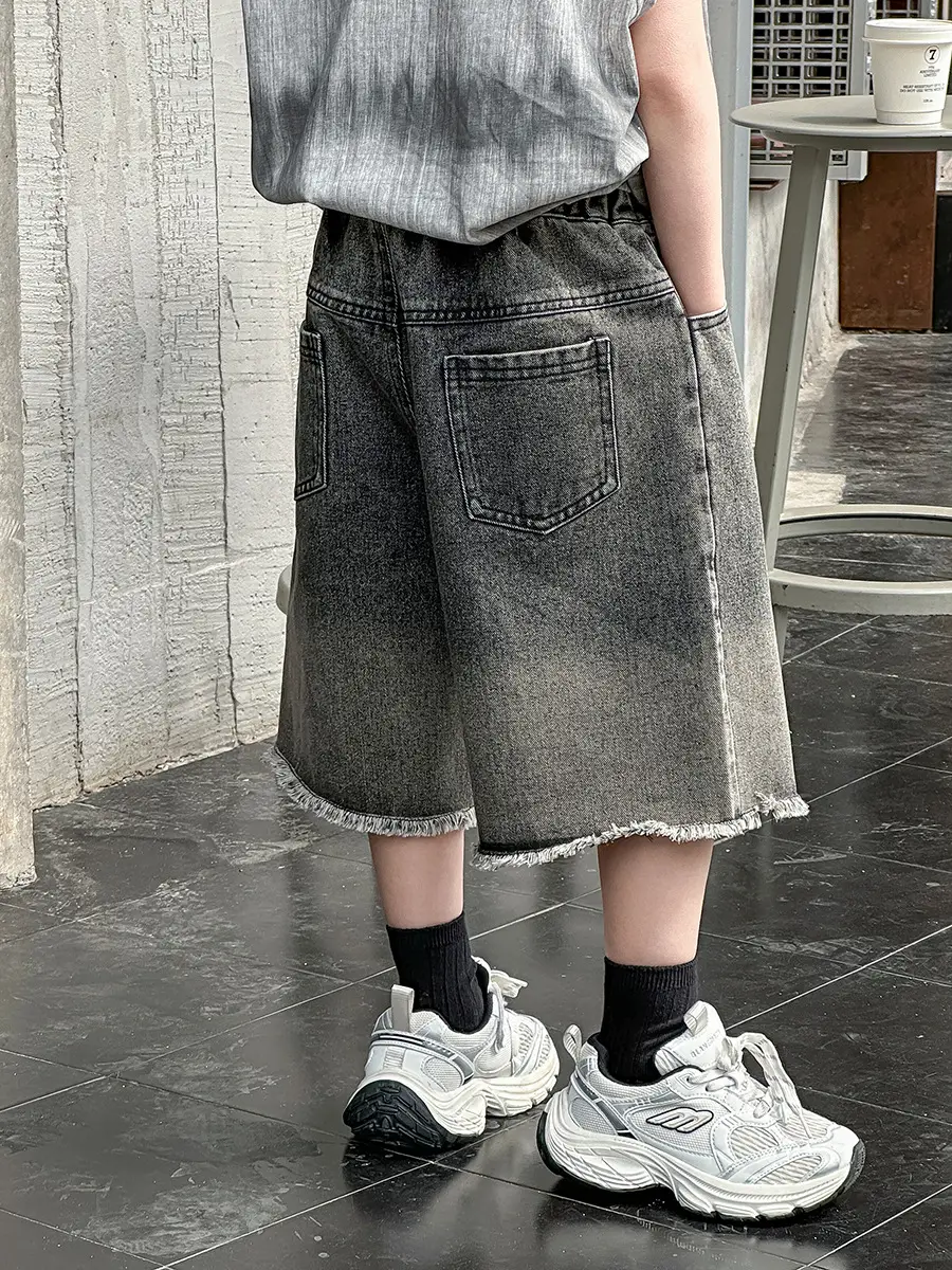 Boys Denim Capri Shorts Set with White Sneakers — feature 10