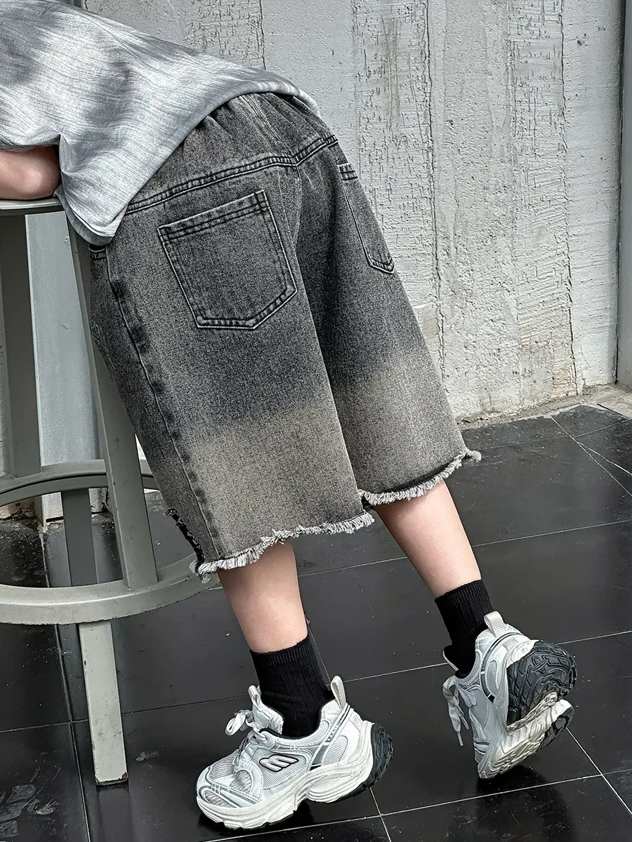 Boys Denim Capri Shorts Set with White Sneakers — feature 11