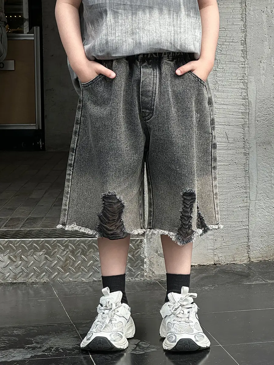 Boys Denim Capri Shorts Set with White Sneakers — feature 14